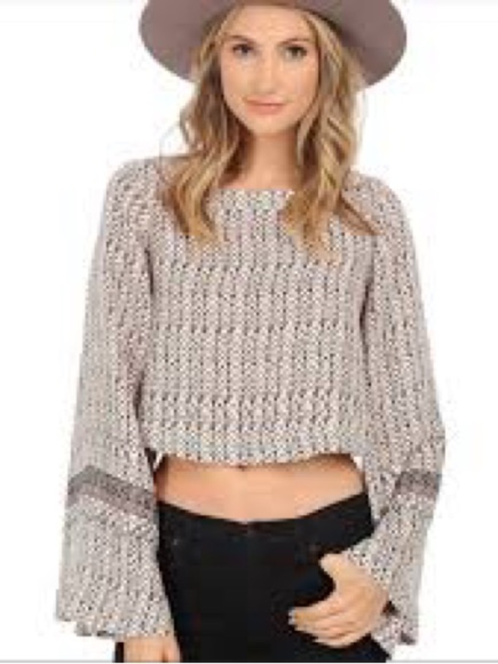 Free People Cream Knit Bell Sleeve Crop Sweater